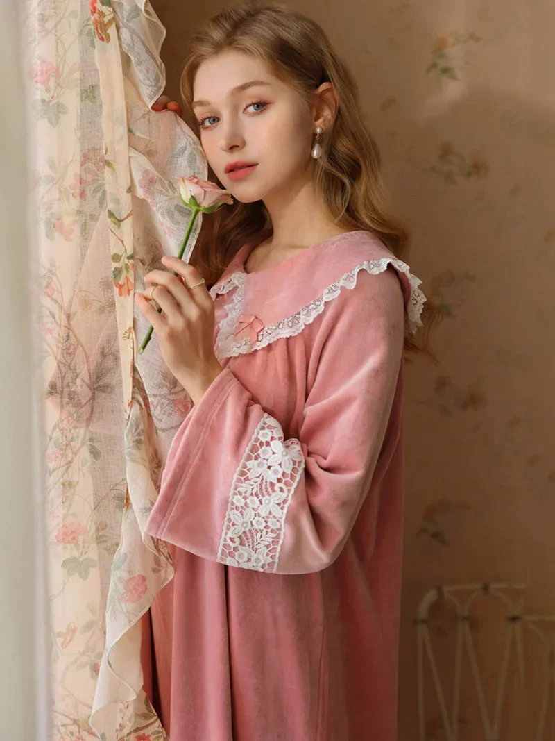 Women Fairy Sleepwear Night Dress Autumn Winter Cute Flannel Long Sleeve Sweet Girl French Princess Fleece Pajama Nightgowns