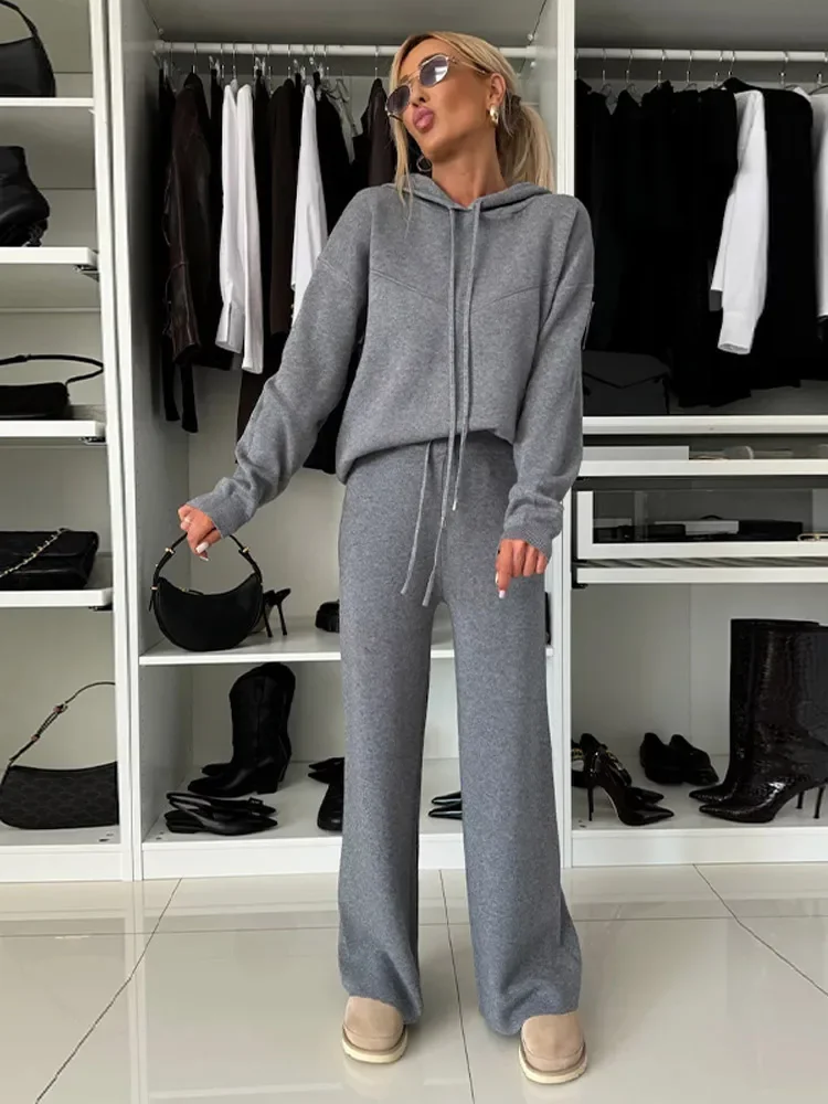 

Женские комплекты из 2 предметов, элегантные толстовки с длинными рукавами, вязаные толстовки на шнуровке, брюки с высокой талией, женские костюмы 2024, зимняя женская одежда