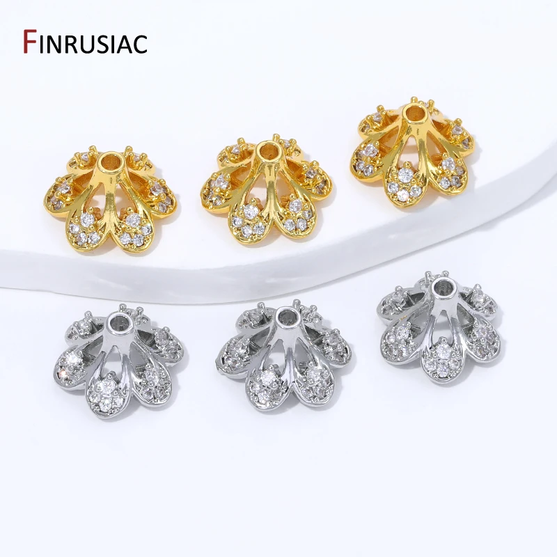 18K Gold Plated Brass Hollow Flower Bead Caps,Inlaid Zircon Spacer Beads End Caps for DIY Bracelet Necklace Making Accessories image 3