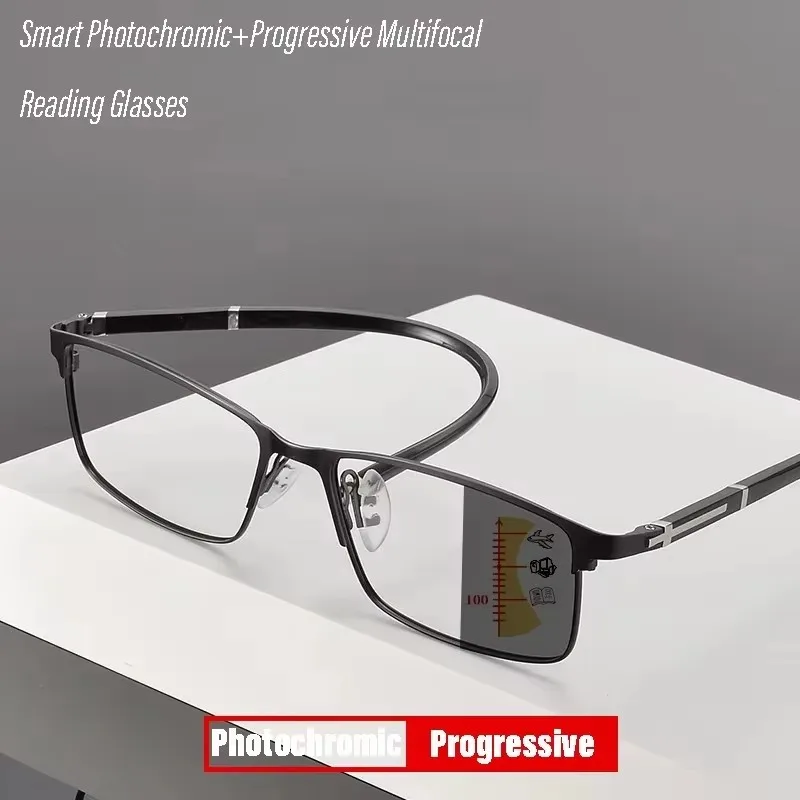 Lunettes de lecture multifocales progressives photochromiques, branches super élastiques, monture de style professionnel, lunettes anti-lumière bleue