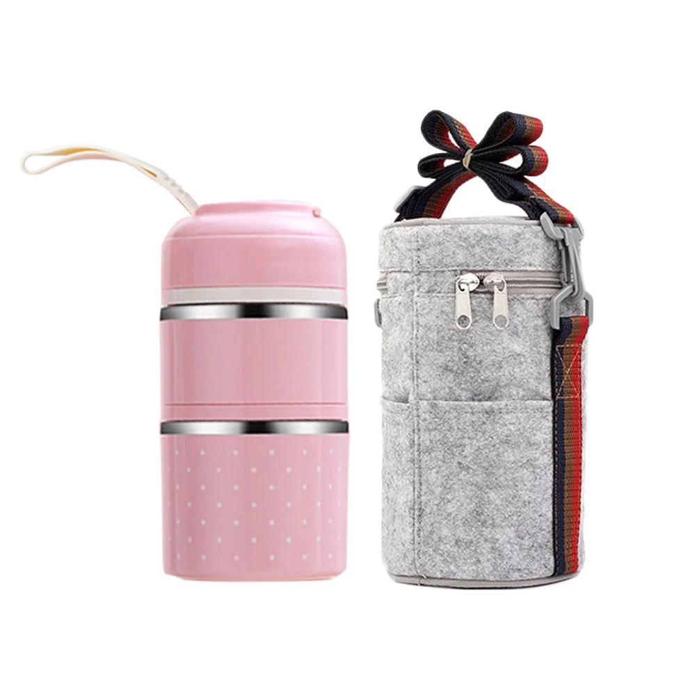 

2Pcs Multilayer Insulated Stainless Steel Lunch Box Pink Bbuckle Portable Bento Food Carrier with Shoulder Strap
