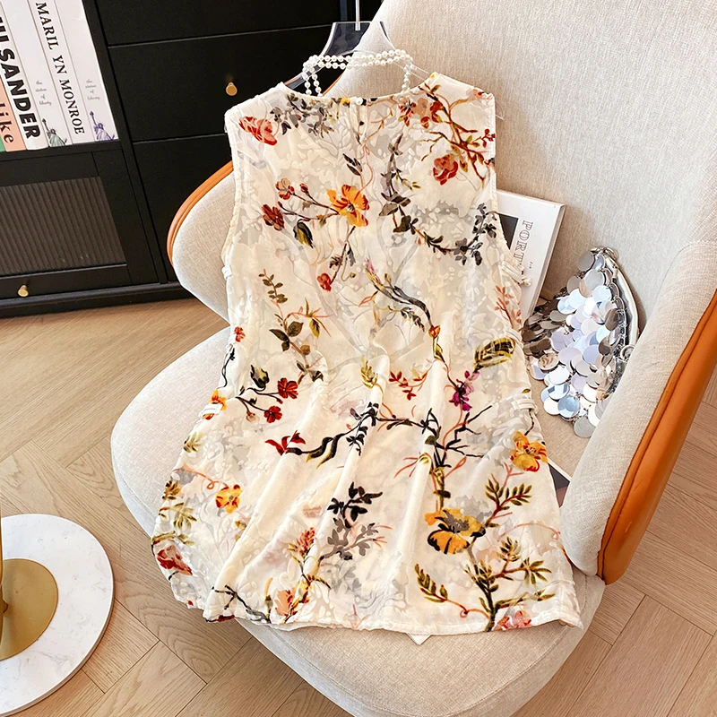 

Новый китайский национальный тренд, женский жилет средней длины с пуговицами и цветком, летний новый топ Sle Bal