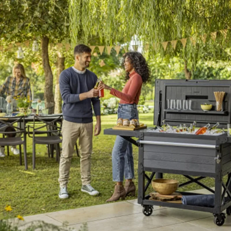 Rolling Ice Cooler Cart, Outdoor Party Beverage Stand w/Wheels,Compact design includes a folding top lid with easy-lift pistons