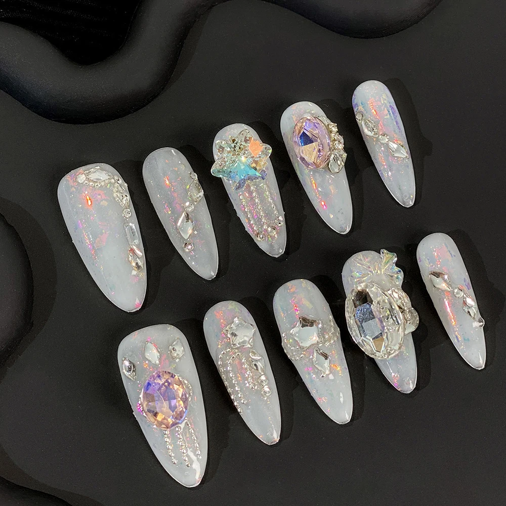 Transparent Nude French Flower Handmade Fake Nails Creative Gradient Kawaii 3D Bear Decoration Wearable Press on Nails Gift