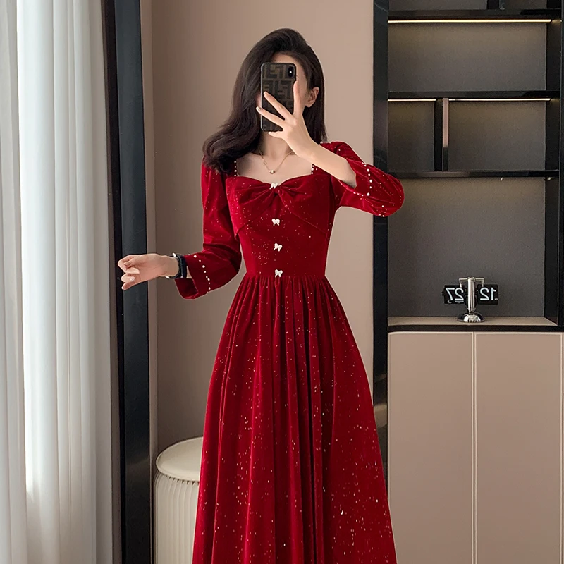 long sleeve formal christmas dress Luxury Christmas Sparkle Beaded A Line Long Sleeve Evening Dress SS012 Black / 20 main image 1