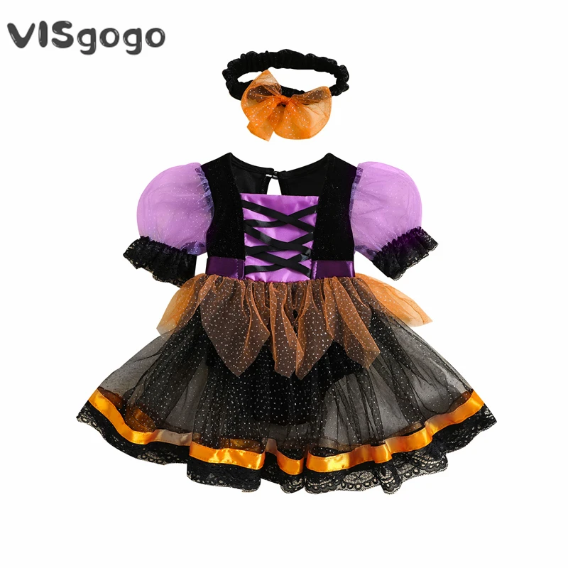 VISgogo Baby Girl Romper Dress Halloween Outfit Puff Sleeve Tulle Patchwork Dress with Bow Headband Halloween Party Clothes