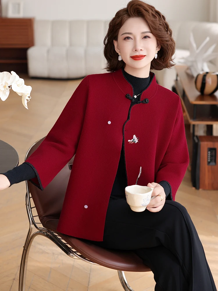 

New Chinese Sle Embroidered Knitted Top with Qipao Collar f Sve for Middle-Aged And ly Women Breathable Casual S...