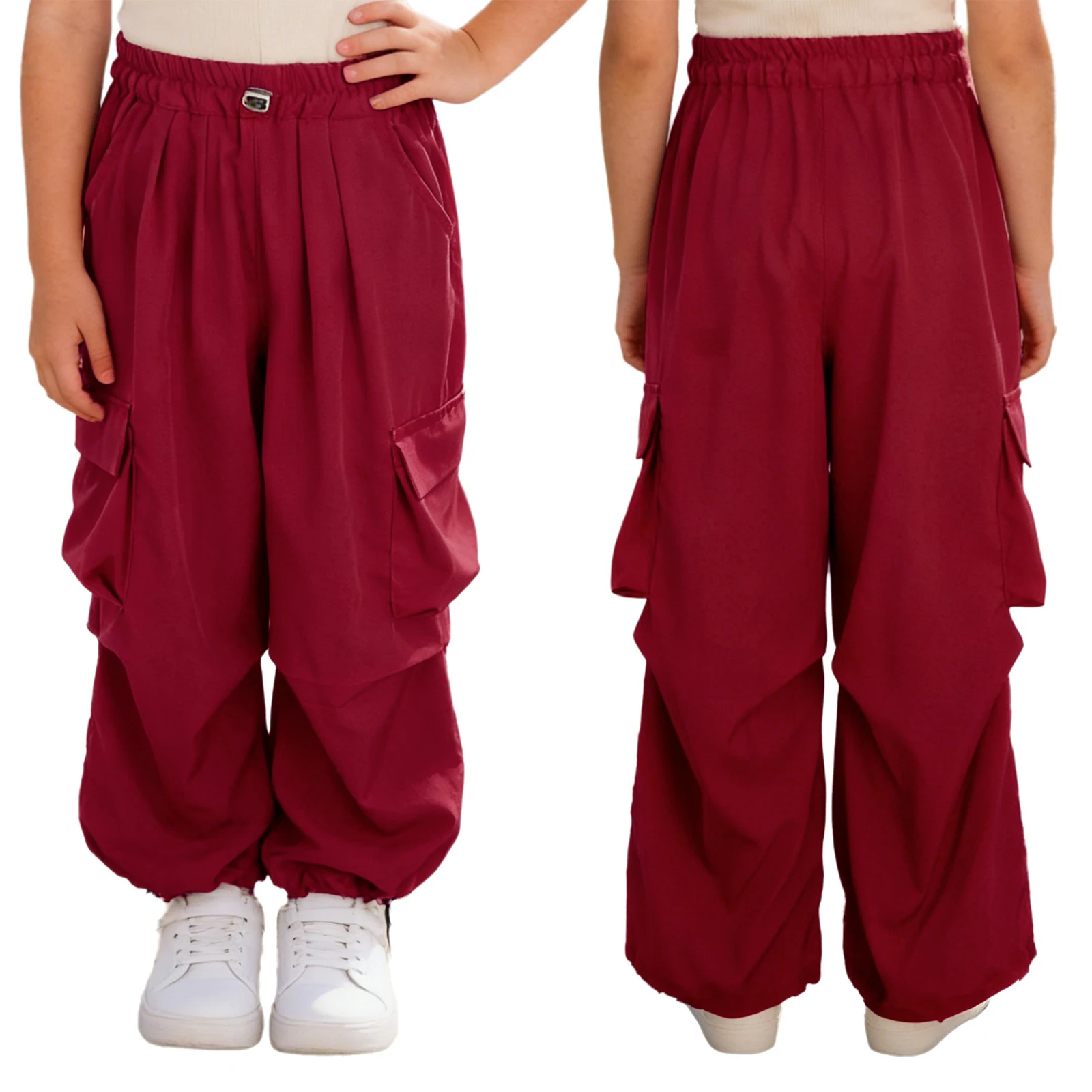 

Kids Girl Hip Hop Jazz Dance Skateboarding Costume Drawstring Cargo Sports Workout Pants Stretchy Trousers with Multiple Pockets
