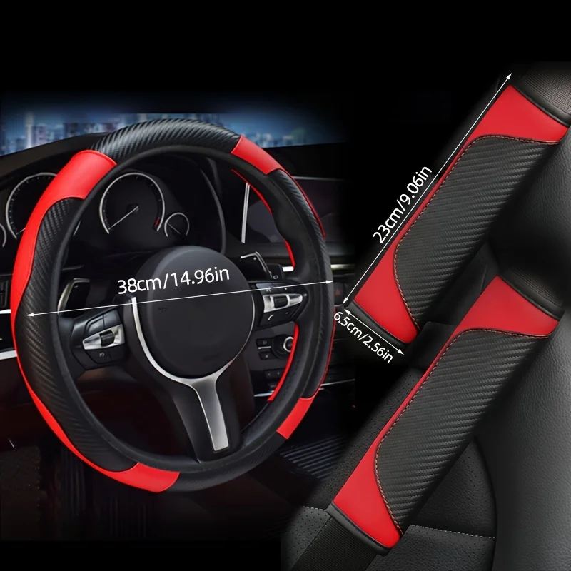 3pcs Car Steering Wheel Cover Set Carbon Fiber Pattern Shoulder Pads Polyester Fiber Universal Fit For Enhanced Driving Comfort