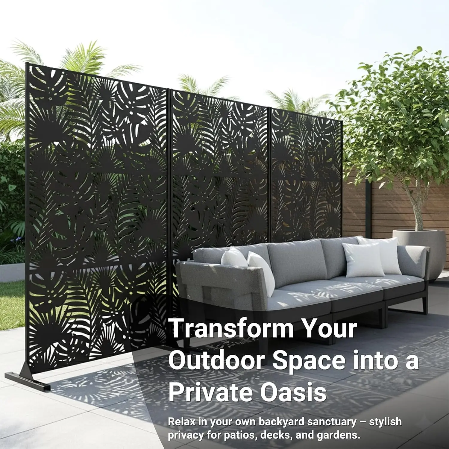 Metal Privacy Screen Outdoor - 72in Decorative Laser Cut Steel Garden Divider Panel with Tropical Leaf Design, Weatherproof