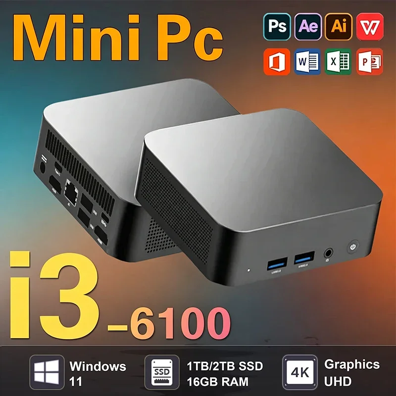 2026 Mini PC Intel Core i3-6100 Computer Windows 11 16GB 1TB 2TB 4K Gaming Computer WiFi6 USB Portable Mini Desktop PC