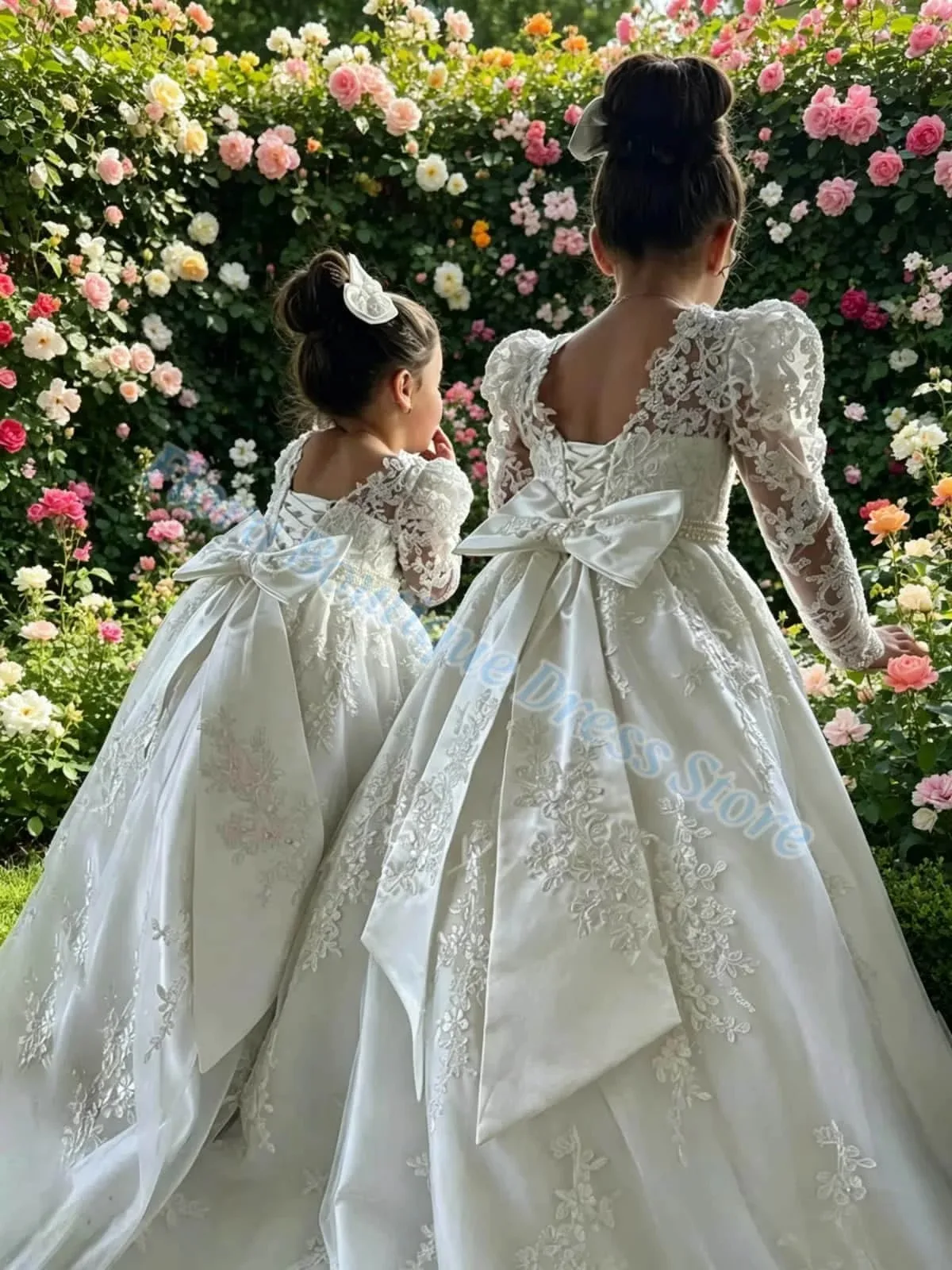 Long Sleeve White Customized Flower Girl Dress with Bow/Train Kids Beaded Lace Wedding Party First Communion Dress Birthday Gown
