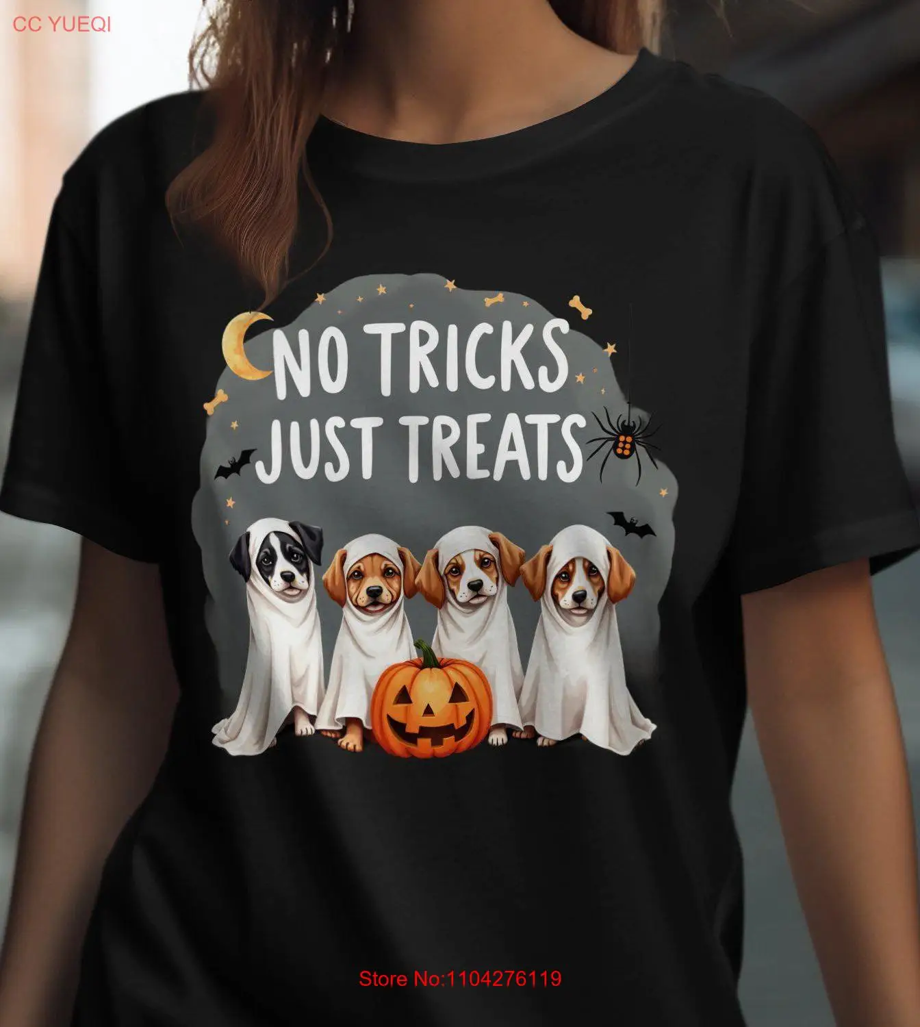 No Tricks Just Treats Halloween T Shirt Cute Dog Ghosts Pumpkin Design Funny Halloweed Dogs Spooky long or short sleeves