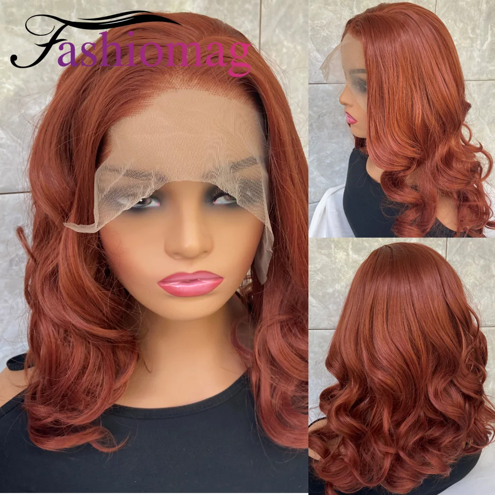 Medium Wavy Full  Auburn Copper Red Lace Front Human Hair Blend Heat Ok Synthetic Wigs Women Soft Natural Daily Use