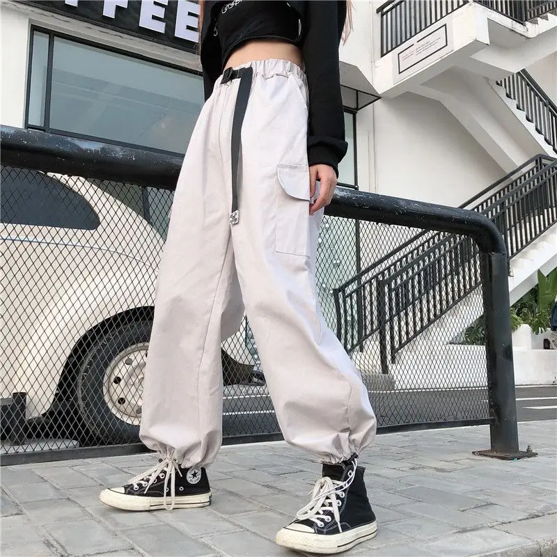 

Women Casual Cargo Pants Solid Loose Elastic High Waist Streetwear Baggy Sweatpants Female Pleat Joggers Parachute Trousers A389