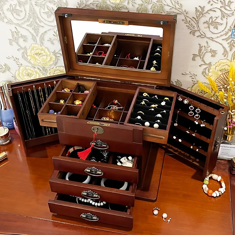 Wooden Lockable Jewelry Box Large Capacity Storage Case For Gold Rings Necklaces Gift For Wedding Newlyweds Female Friends