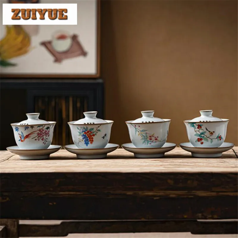 150ML Tea Set Chinese Pottery Gaiwan Tea Set Hand Painted Ceramic Gaiwan Porcelain Saucers Casual Fashion Kung Fu Tea Utensils