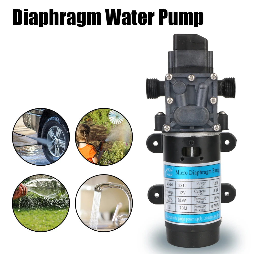 Diaphragm Self Priming Pump Micro High Pressure Durable Water Spray Car Wash Agricultural Electric Water Pump 8L/min DC 12V 100W