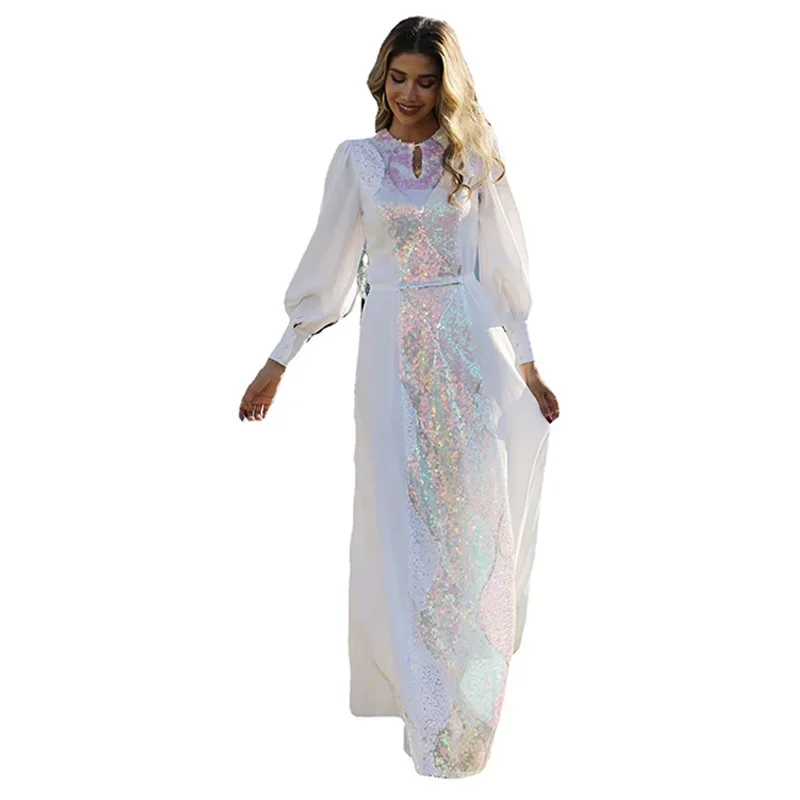 Muslim Dress Women Robe Femme Musulmane 2022 New Elegant Lace Up White Muslim Fashion Sequins Middle East Abayas For Women