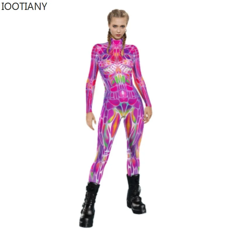 IOOTIAY New Halloween Robot Jumpsuit Women Sexy Slim Jumpsuit Cosplay Costume Halloween Party 3D Printing Catsuit Bodysuit