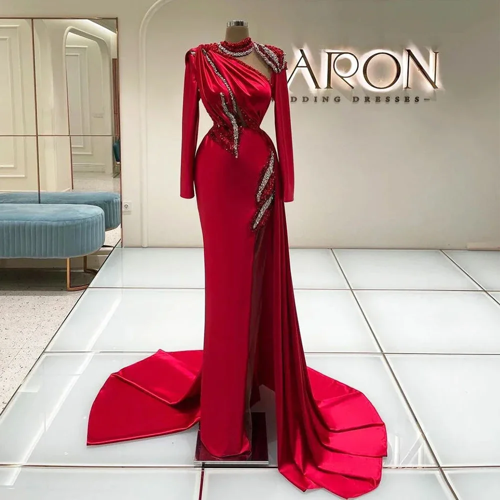 Exquisite Beading Burgundy Evening Dresses Mermaid High Collar Long Sleeves Sexy Split Prom Formal Party Gowns With Sweep Train