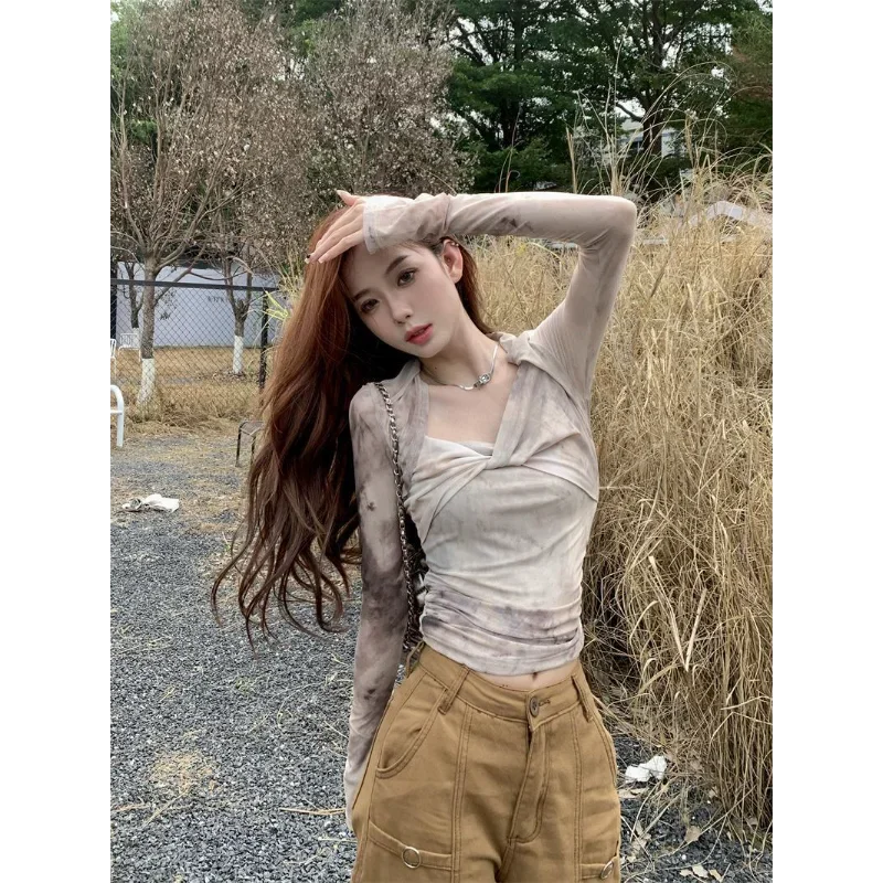 

T-shirt Women's Hot Girl Style Slimming Sun Top Designed Kink iti Print One Shoulder Long Sleeve