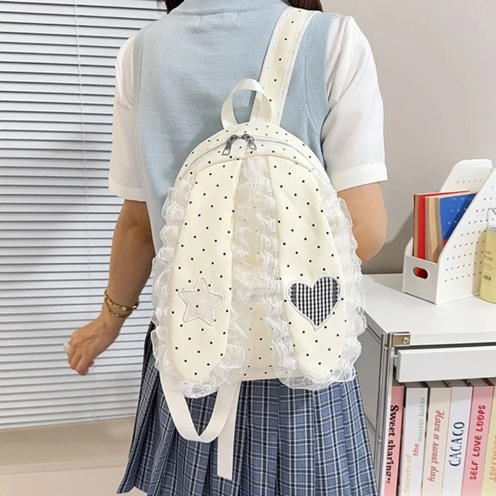 Casual Star Bunny Ear Backpack Love Heart Lace Rabbit Ear School Bag Large Capacity Nylon Polka Dot Backpack Women