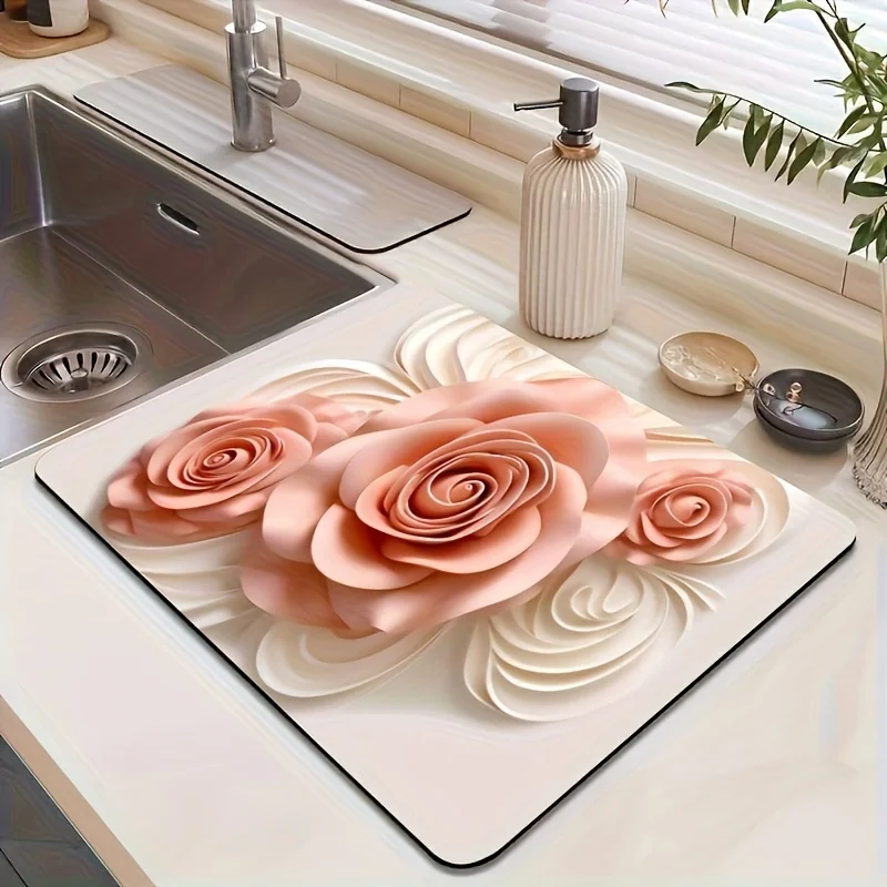 VIKAMA 3D Rosen-Relief-Druck Abtropfmatte Saugfähige Küchenarbeitsplatten-Matte Rutschfeste Kaffeebar-Matte Heimdekoration