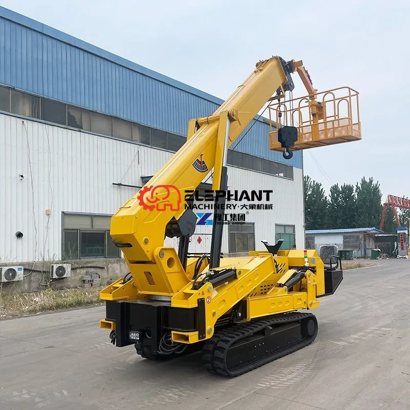 Compact Mobile Mini Crawler Spider Crane, Telescopic Hydraulic Lifting Machinery Equipped with Safety Man Basket for Aerial Work