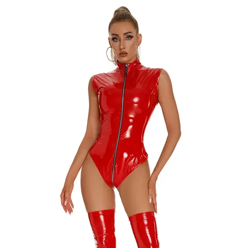 المرأة المثيرة مثير PVC اللاتكس ارتداءها فو الجلود Catsuit المرأة لامعة فو الجلود ارتداءها الجبهة زيبر ثوب بودي كون