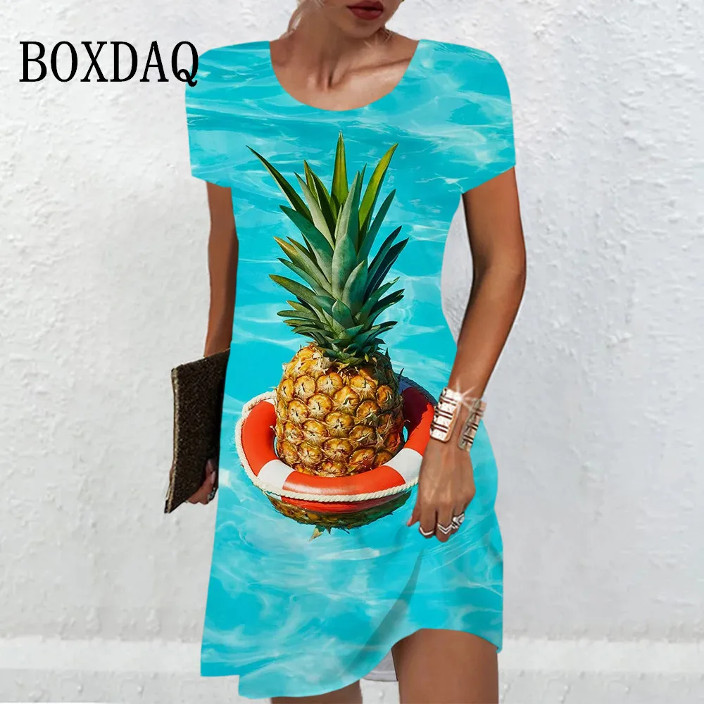 2024 New Fashion Summer Women's Dress Fruit Pineapple 3D Print Beach Mini Dress O-Neck Short Sleeve Casual Holiday A-line Dress