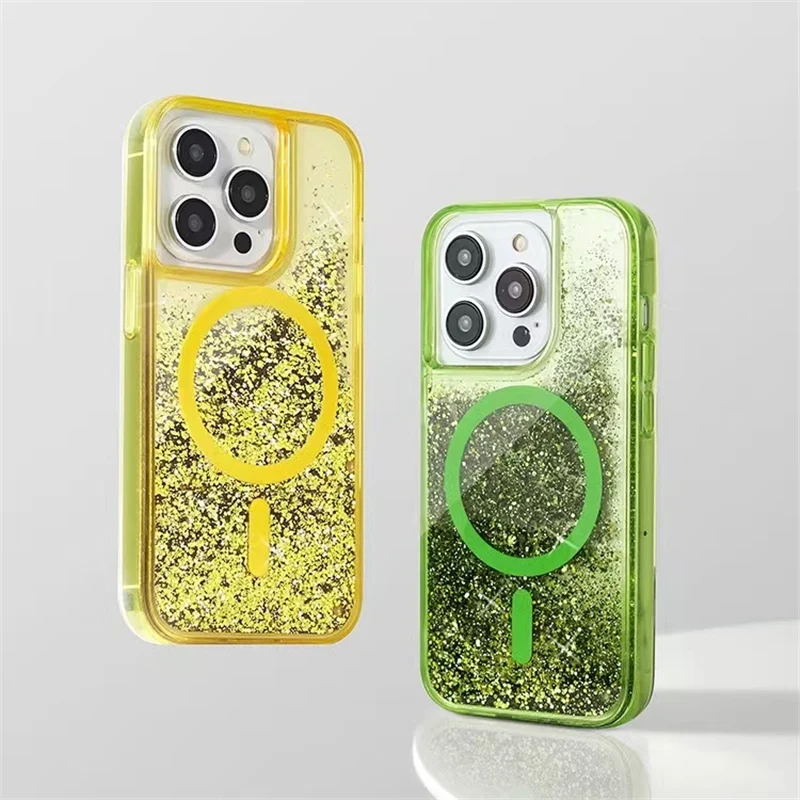 

Neon color clear liquid quicksand glitter MagSafe case For iphone 13 14 15pro 14Pro Max Wireless Charging Iphone 15 cover