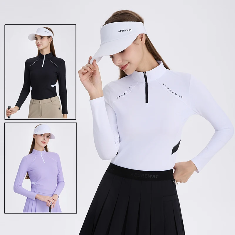 

AW New Golf Women's Long Sleeved T-shirt Korean Slim Polo Shirt Zipper Collar Breathable Tops Ladies Tennis Fitness Sportswear