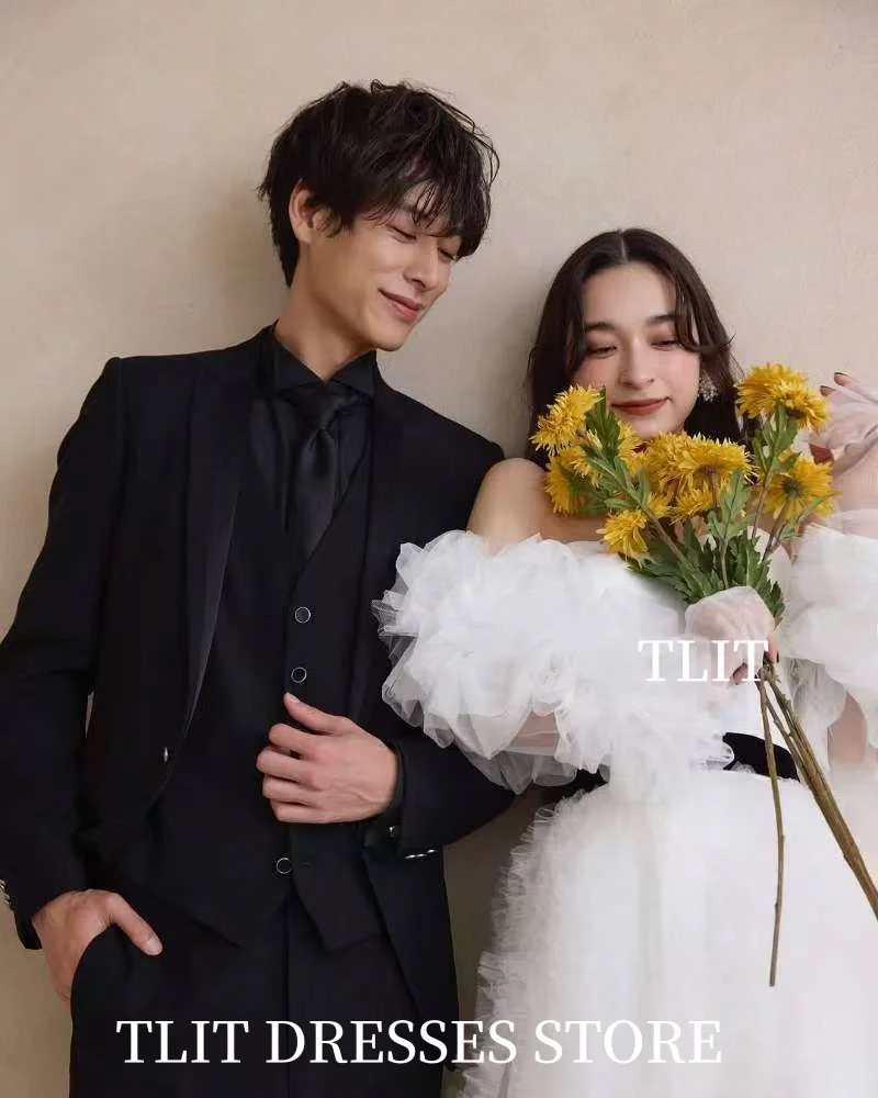 TLIT Elegant White A-Line Wedding Dresses Strapless Bridal Gowns Robe De Mariée customized Corset Back Black Sashes Prom Gowns