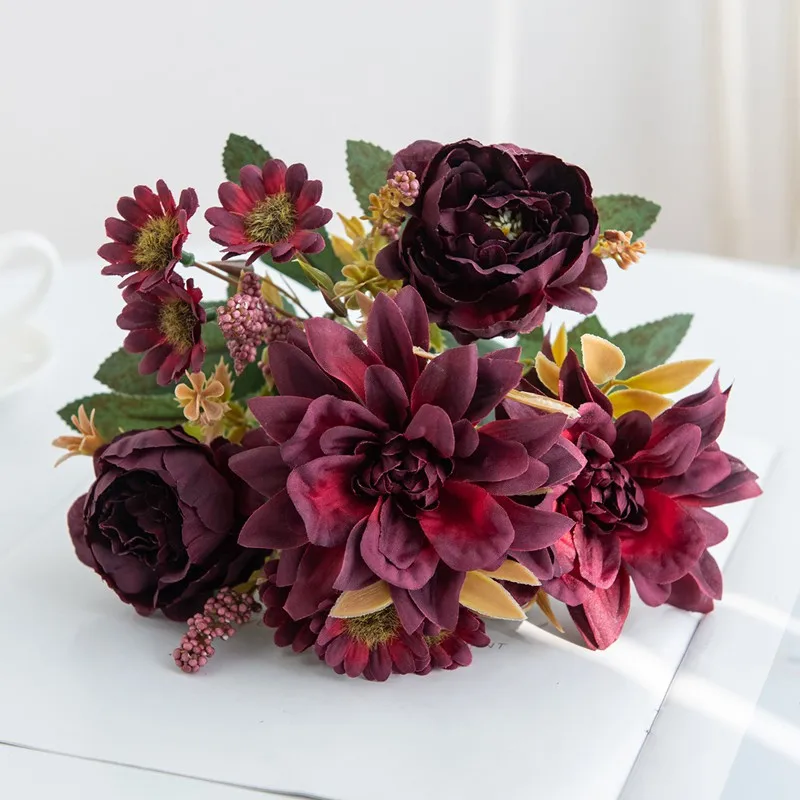 10 Stück Künstliche Blumen aus Seide, Dahlien, Rosen, Gänseblümchen, Dekoration für Zuhause, Vase, Garten, Hochzeit, Brautsträuße, Partys, Fotorequisiten – Detail 5