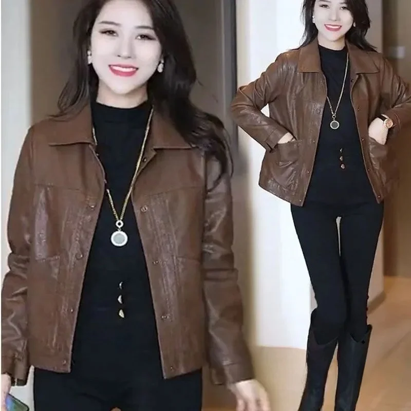 

Faionable Casual Women's PU Leather Jaet Spring Autumn Turn-down Collar Sli Trendy Coat Comfortable Fit Ladies Outerwear