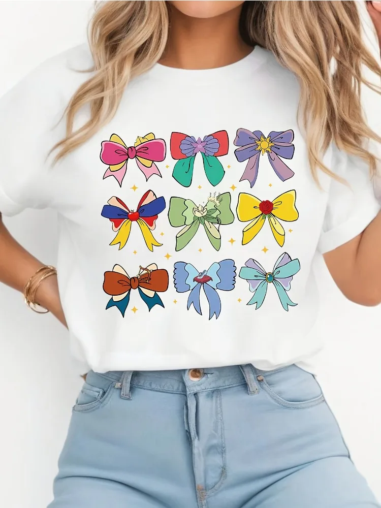 Camiseta informal con cuello redondo para mujer, Top de manga corta con estampado de mariposa y lazo llamativo, estilo callejero Harajuku para Primavera/Verano/otoño