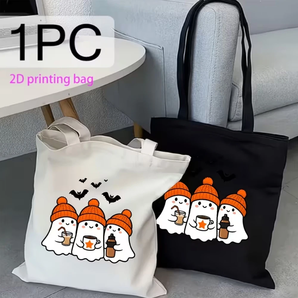 1 Cute Friend-Themed Canvas Tote Bag with Orange Brimless Hat Ghost Print - Reusable Canvas, Perfect for Autumn Outfits, Coffee Outings, and Grocery Shopping - Warm and Spooky Seasonal Gift, Includes Thermal Images