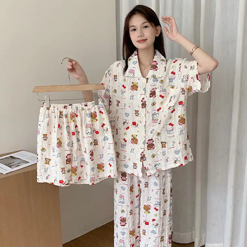

3Pcs Cartoon Pajamas Suit Cute Sanrio Kawaii Hello Kitty Anime Girls Student Summer Short Sleeves Pants Shorts Homewear Suit