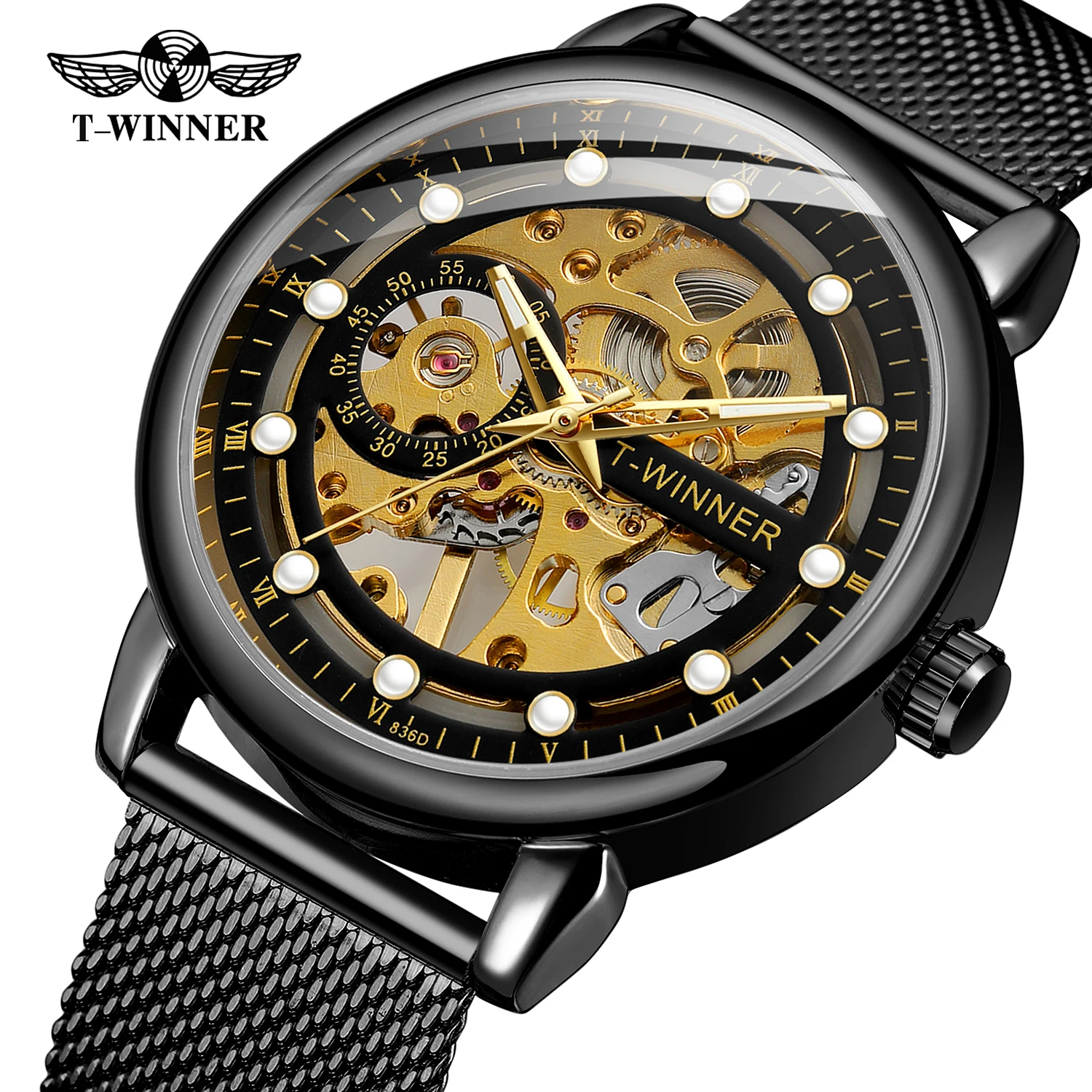 T-winner Brand Men\'s Metal Wrist Watches Luxury Business Waterproof Luminous Man Mesh Skeleton Mesh Stainless Steel Mechanical