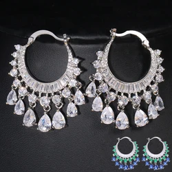 Luxury Blue Cubic Zirconia Round Circle Dangling Water Drop Tassel Earrings for Women Wedding Jewelry