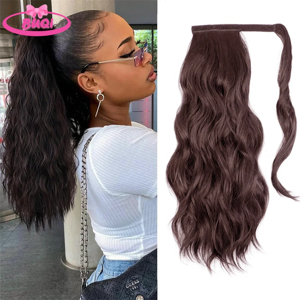 BUQI Water Wavy Ponytail Hairpiece Wrap Around Magic Paste Ponytail Hair Extensions Water Wave Synthetic Pony Tail For Women