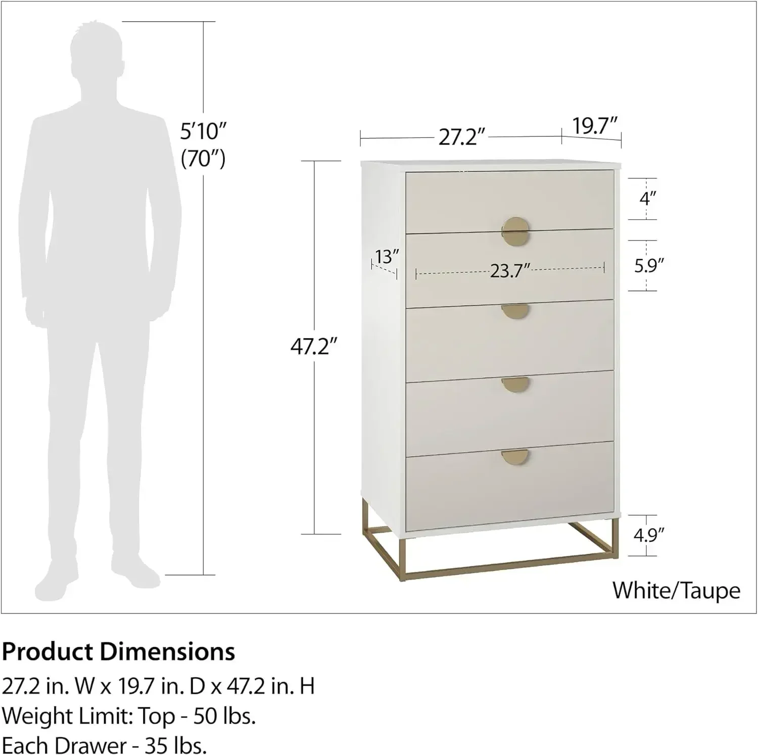 Cómoda con cajones Novofree Kelly-5, blanco/taupe