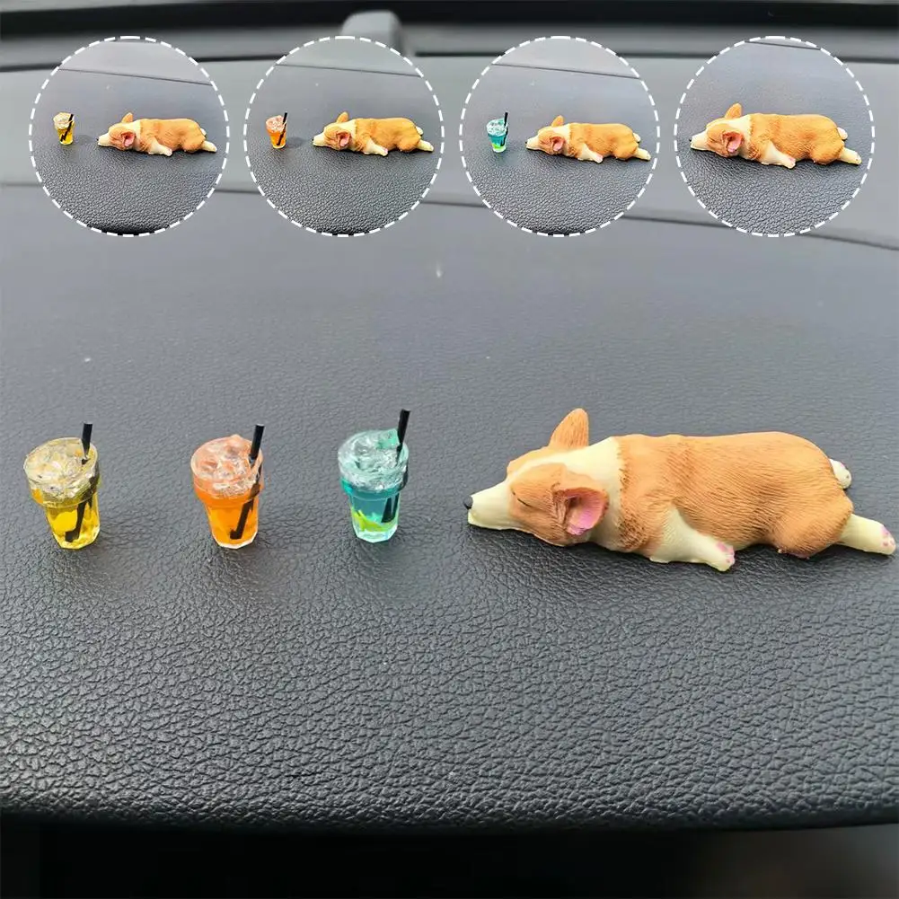 Car Ornaments Mini Animals Sleep Corgi Interior Center Console Decorations Cartoon Figurine Ornaments Car Accessories