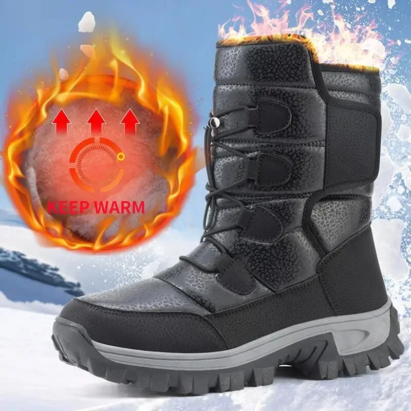 New 2024 Warm Men Plush Snow Boots High Top Winter Men's Boots Waterproof Winter Motorcycle Boots Outdoor Anti-Slip Men Hiking