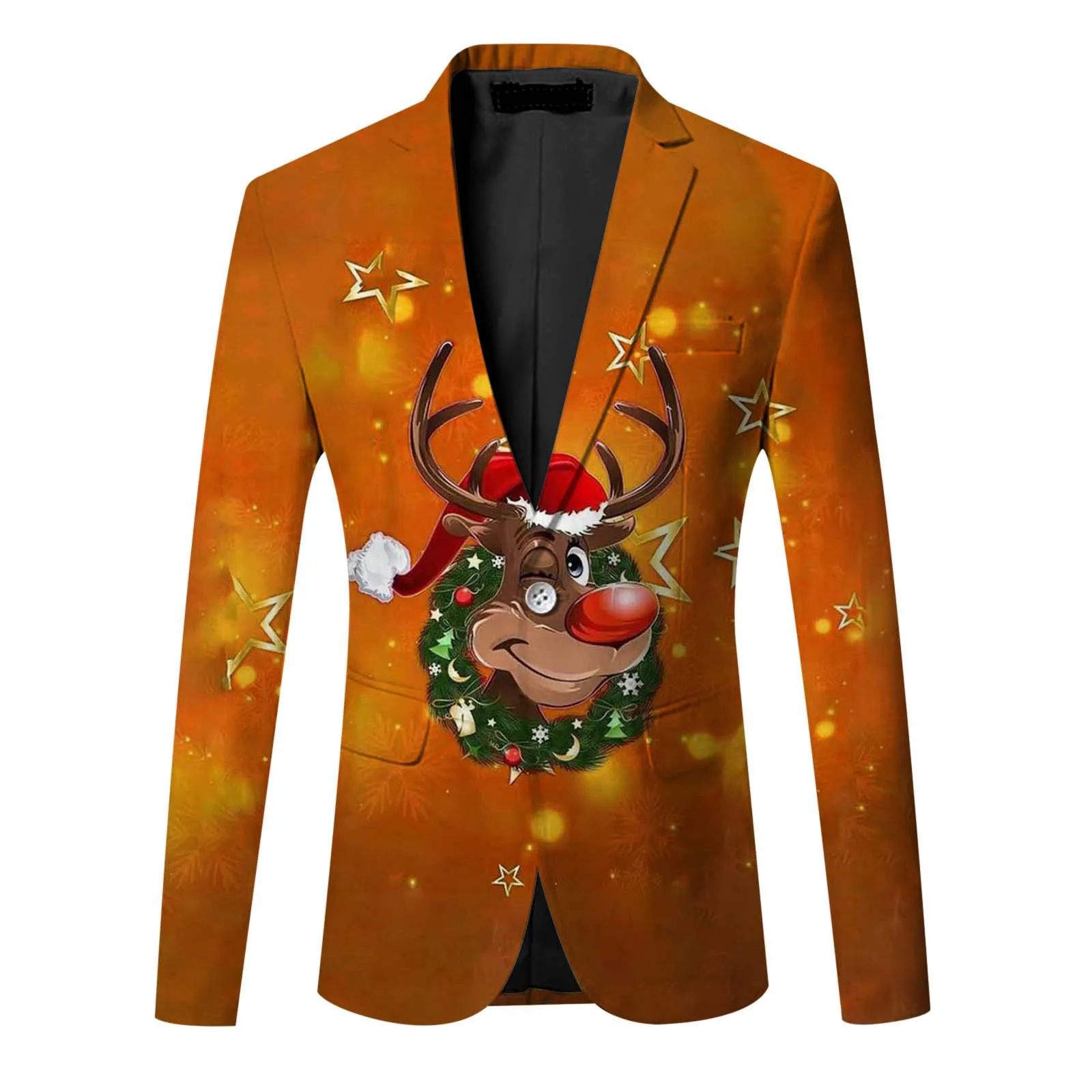 Men\'s Christmas deer print Fashion Casual Button pocket Breasted print Fashion Suit Top Jacket Men party Costume deep V jackets