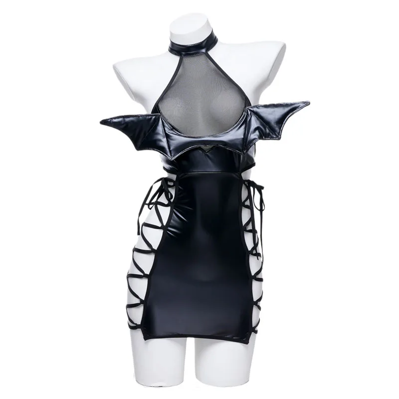 Anime Succubus Devil Cosplay Costume Women Sexy Leather Nightdress Bondage Lingerie Mesh Transparent Sleepwear Halloween Clothes