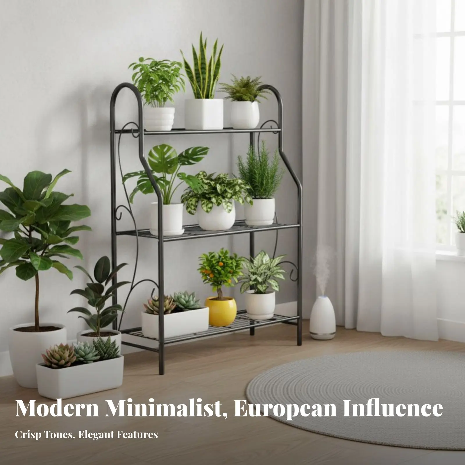 Multi-tier corner ladder plant stand holding several potted plants