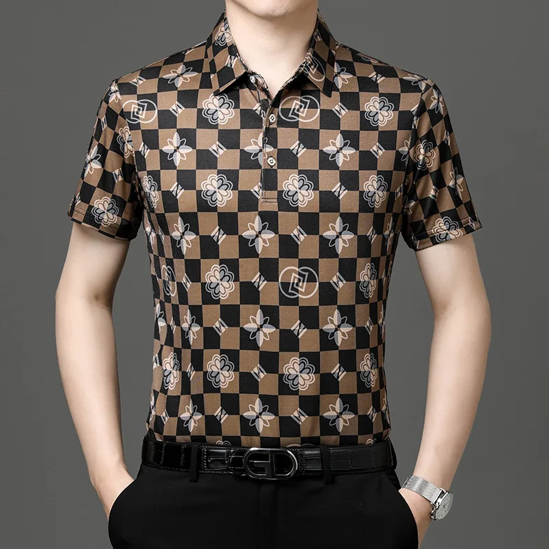 Ice Silk Shirt Middle-aged Men's Short-sleeved Loose Half-sleeved POLO Shirt Without Ironing Daddy's Beach Clothes Casual Top