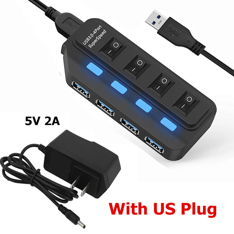 4 Ports USB 3.0 HUB 5Gbps High Speed Expander Multi USB Splitter Adapter with LED Lamp for PC Computer Laptop Accessories